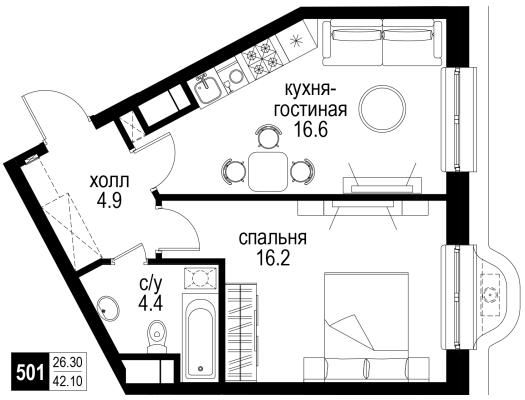 Планировка двухкомнатной квартиры в ЖК "Интеллигент"