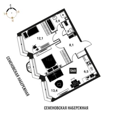 Планировка трехкомнатной квартиры в ЖК "Интеллигент"