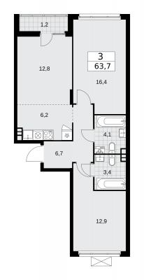 Планировка трехкомнатной квартиры в ЖК "Деснаречье"