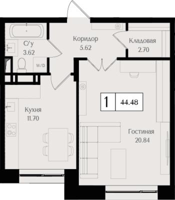 Планировка однокомнатной квартиры в ЖК "Преображенская площадь"