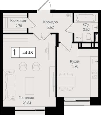 Планировка однокомнатной квартиры в ЖК "Преображенская площадь"