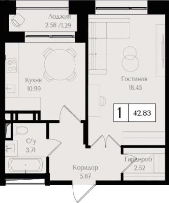 Планировка однокомнатной квартиры в ЖК "Преображенская площадь"