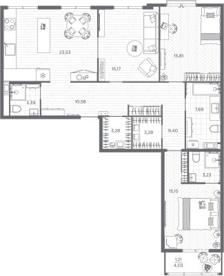 Планировка трехкомнатной квартиры в ЖК "BAKUNINA 33"