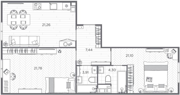 Планировка двухкомнатной квартиры в ЖК "BAKUNINA 33"