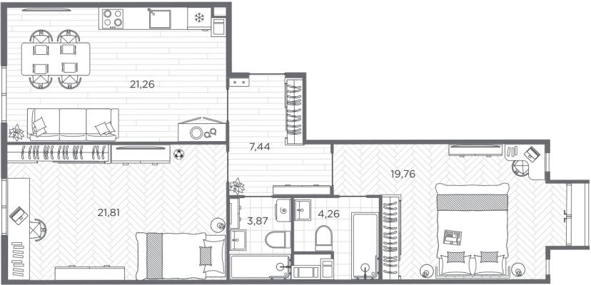 Планировка двухкомнатной квартиры в ЖК "BAKUNINA 33"