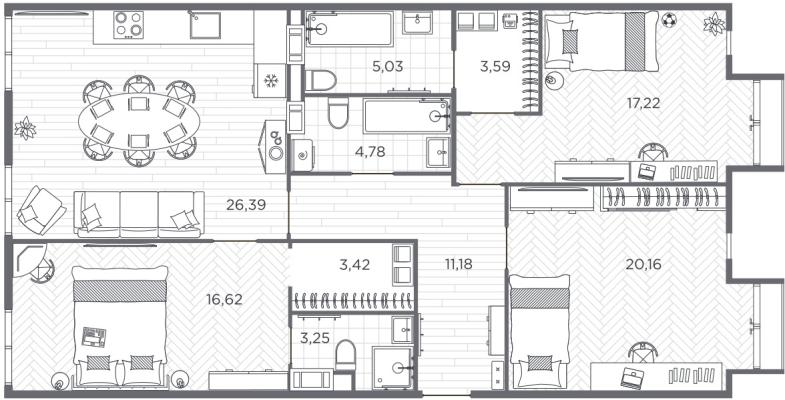 Планировка трехкомнатной квартиры в ЖК "BAKUNINA 33"