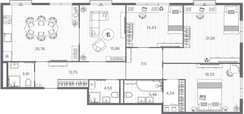 Планировка четырехкомнатной квартиры в ЖК "BAKUNINA 33"