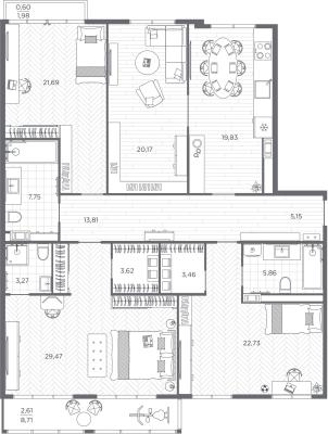 Планировка четырехкомнатной квартиры в ЖК "BAKUNINA 33"
