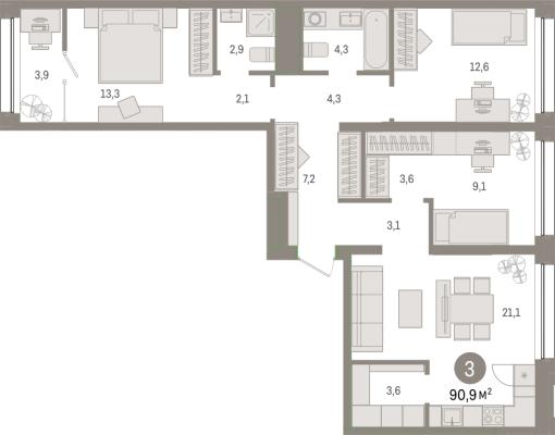 Планировка трехкомнатной квартиры в ЖК "Зарека"