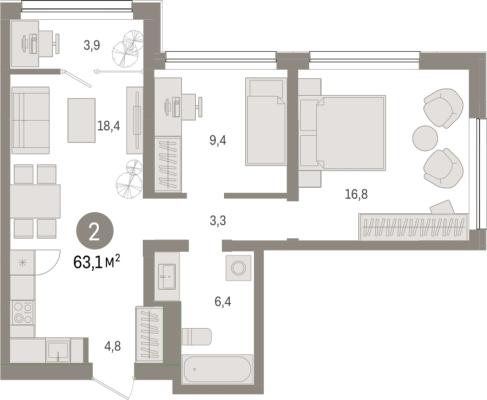 Планировка двухкомнатной квартиры в ЖК "Зарека"