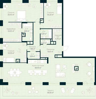 Планировка трехкомнатной квартиры в ЖК "Urman City"