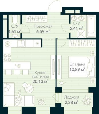 Планировка однокомнатной квартиры в ЖК "Urman City"