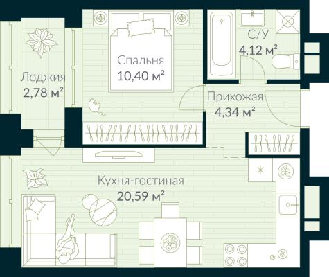 Планировка однокомнатной квартиры в ЖК "Urman City"