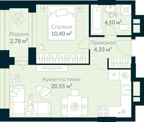 Планировка однокомнатной квартиры в ЖК "Urman City"