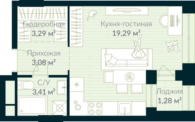 Планировка квартиры студии в ЖК "Urman City"