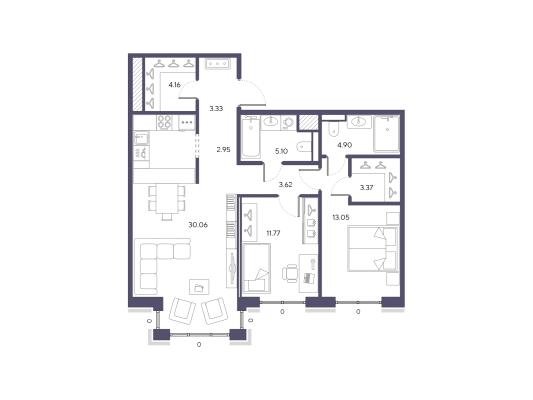 Планировка двухкомнатной квартиры в ЖК "Большой, 67"