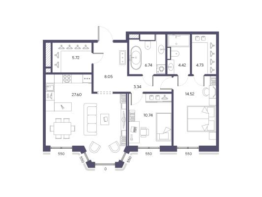 Планировка двухкомнатной квартиры в ЖК "Большой, 67"