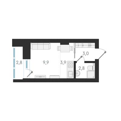 Планировка квартиры студии в ЖК "Русское солнце"
