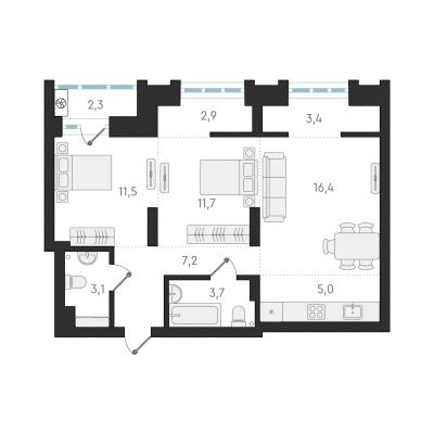 Планировка трехкомнатной квартиры в ЖК "Авангард Парк"