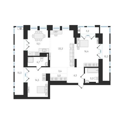 Планировка трехкомнатной квартиры в ЖК "Авангард Парк"