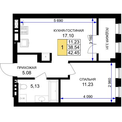 Планировка однокомнатной квартиры в ЖК "Включи"