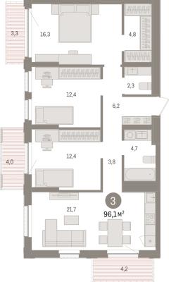 Планировка трехкомнатной квартиры в ЖК "Квартал "Турист 2""