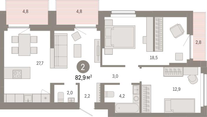 Планировка двухкомнатной квартиры в ЖК "Лебедевский"