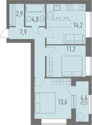 Планировка двухкомнатной квартиры в ЖК "Кварталы 21/19"