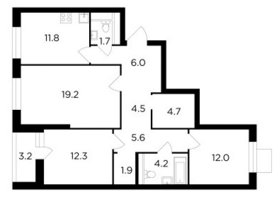 Планировка трехкомнатной квартиры в ЖК "Лесопарковый"
