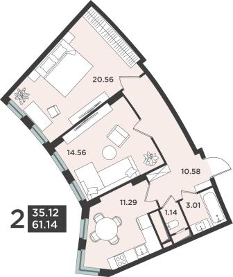 Планировка двухкомнатной квартиры в ЖК "Лефорт"
