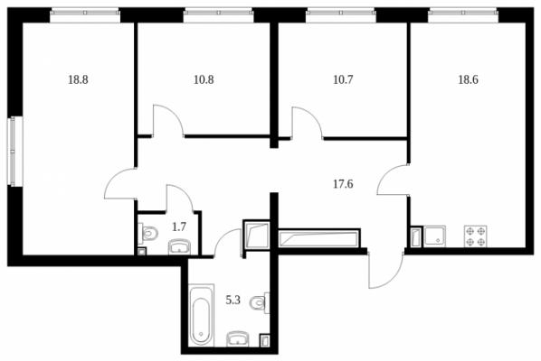 Планировка трехкомнатной квартиры в ЖК "Одинцово-1"