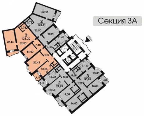 Планировка трехкомнатной квартиры в ЖК "Павшинская пойма", микрорайон 4