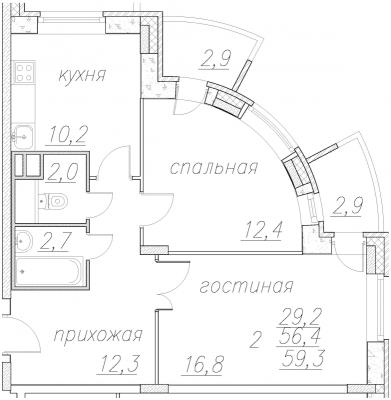 Планировка двухкомнатной квартиры в ЖК "Полет Ногинск"