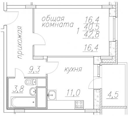 Планировка однокомнатной квартиры в ЖК "Полет Ногинск"