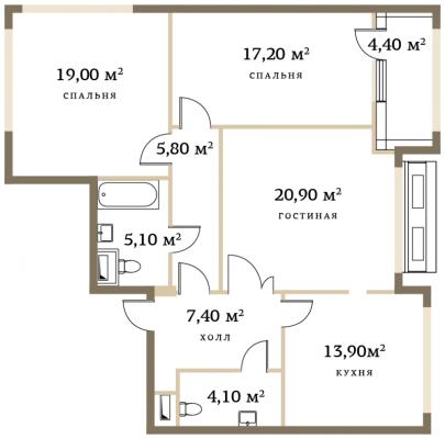 Планировка трехкомнатной квартиры в ЖК "Redside"