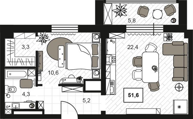 Планировка двухкомнатной квартиры в ЖК "Резиденции Замоскворечье"