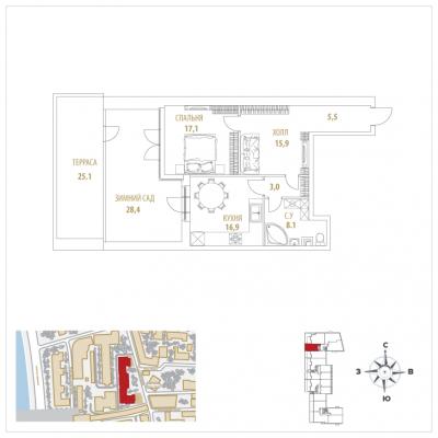 Планировка однокомнатной квартиры в ЖК "Smolensky de Luxe"