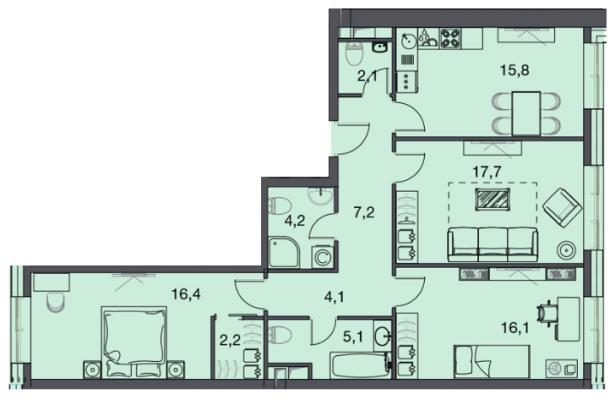 Планировка трехкомнатной квартиры в ЖК "Фили Сити"