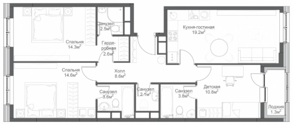 Планировка трехкомнатной квартиры в ЖК "Царская площадь"