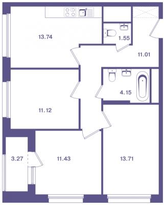 Планировка трехкомнатной квартиры в ЖК "Ты и Я"