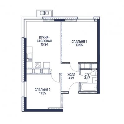 Планировка двухкомнатной квартиры в ЖК "Любовь и Голуби"