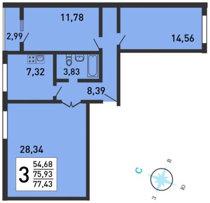 Планировка трехкомнатной квартиры в ЖК "Калейдоскоп"