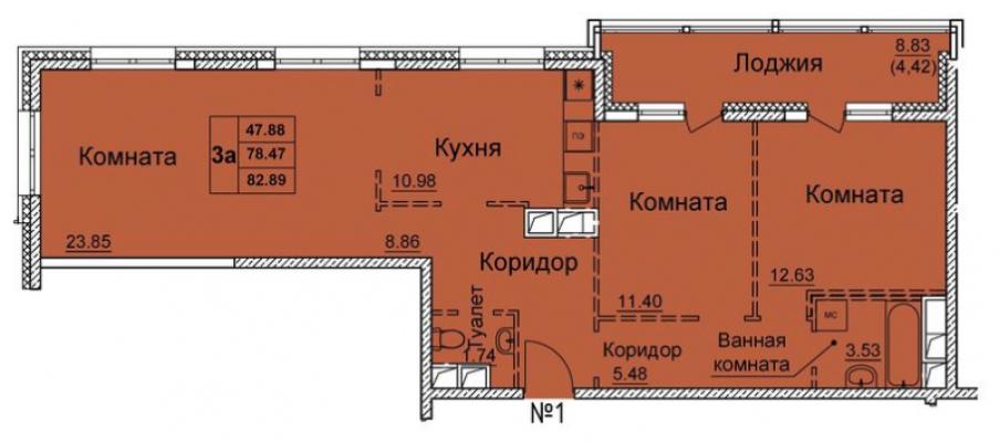 Планировка трехкомнатной квартиры в ЖК "31 квартал"
