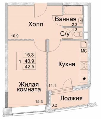 Планировка однокомнатной квартиры в ЖК "River Park"