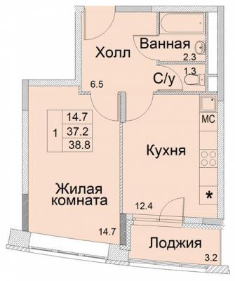 Планировка однокомнатной квартиры в ЖК "River Park"