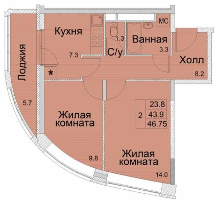 Планировка двухкомнатной квартиры в ЖК "River Park"