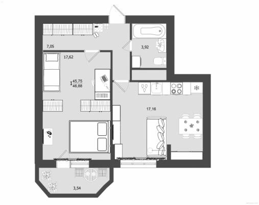 Планировка однокомнатной квартиры в ЖК "Олимп"