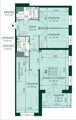 Планировка трехкомнатной квартиры в ЖК "Magnifika Residence"