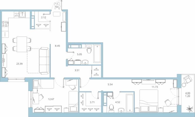 Планировка двухкомнатной квартиры в ЖК "Новое Горелово"