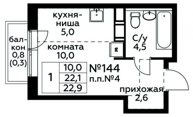 Планировка квартиры студии в ЖК "Цветочные Поляны"